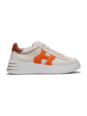 Beżowe Skórzane Sneakersy z Pomarańczowym Detalem H Hogan