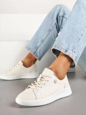 Beżowe Skórzane Sneakersy Zdobione Minimalistyczną Aplikacją Velotina