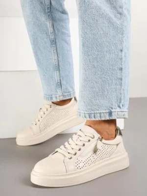 Beżowe Skórzane Sneakersy ze Skórzaną Wkładką i Perforacją Koloris