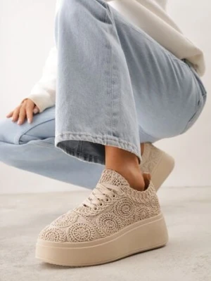 Beżowe Sneakersy Boho na Platformie Zdobione Plecionym Wzorem Abilama c'm paris