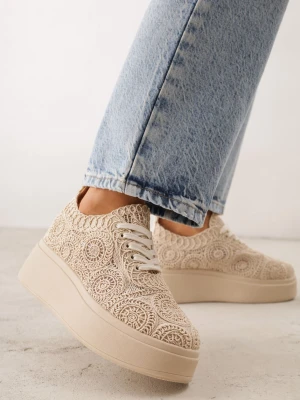 Beżowe Sneakersy Boho na Platformie Zdobione Plecionym Wzorem Abilama C'M Paris