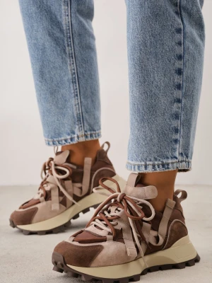 Beżowe Sneakersy Chunky z Zamszowymi Wstawkami Tasiemkami i Bieżnikiem Oyesei Goodin