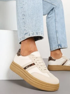 Beżowe Sneakersy Kultowe Tenisówki na Grubej Podeszwie Ozdobione Wzorem w Panterkę Gonelis joalice paris