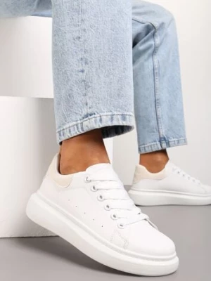 Biało-Beżowe Sneakersy na Gładkiej Platformie z Ozdobną Wstawką z Tyłu Crisulla