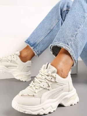 Beżowe Sneakersy na Grubej Nieregularnej Podeszwie z Odblaskowymi Wstawkami Ollavia