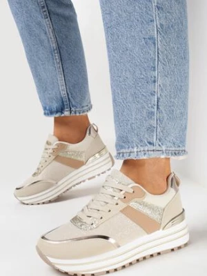 Beżowe Sneakersy na Grubej Ozdobnej Podeszwie z Brokatem Tarseli