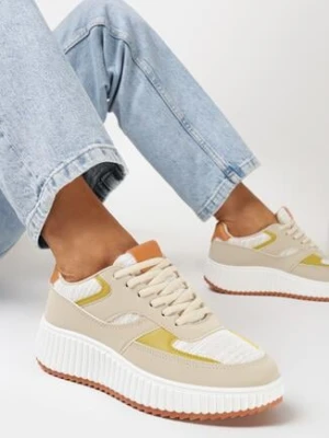 Beżowe Sneakersy na Grubej Podeszwie Ozdobione Brokatem Evllina