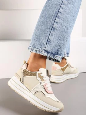 Beżowe Sneakersy na Grubej Podeszwie Ozdobione Brokatem Petasse