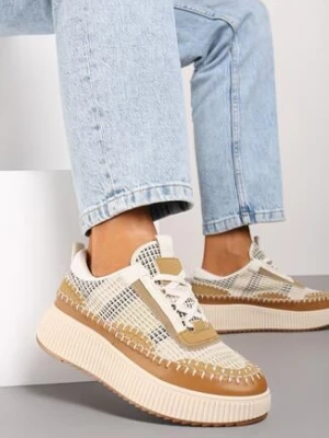 Beżowe Sneakersy na Grubej Podeszwie Ozdobione Przeszyciami Terilira