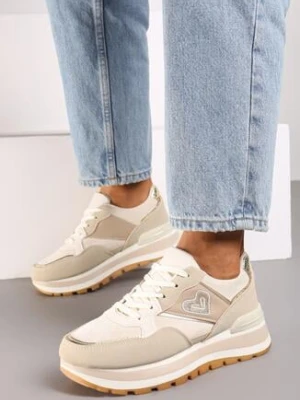 Beżowe Sneakersy na Grubej Podeszwie Ozdobione Sercem i Metalicznymi Wstawkami Verioras