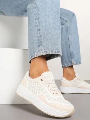 Beżowo-Białe Sneakersy na Grubej Podeszwie Ozdobione Tłoczeniem Veniora