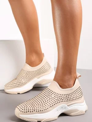 Beżowe Buty Sportowe na Grubej Podeszwie w Cyrkonie Elerene