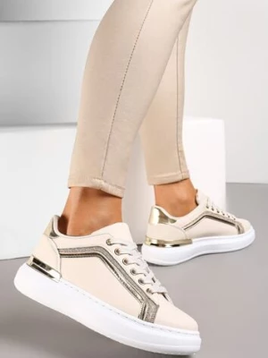 Beżowe Sneakersy na Grubej Podeszwie z Brokatem Veneli