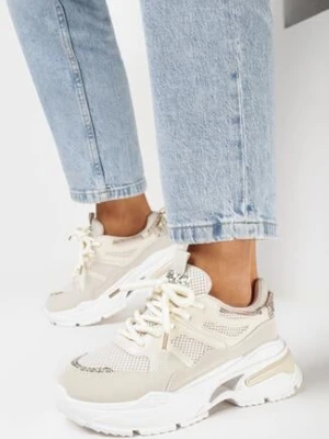 Beżowe Sneakersy na Grubej Podeszwie z Brokatowymi Wstawkami i Cyrkoniami Wirnessa