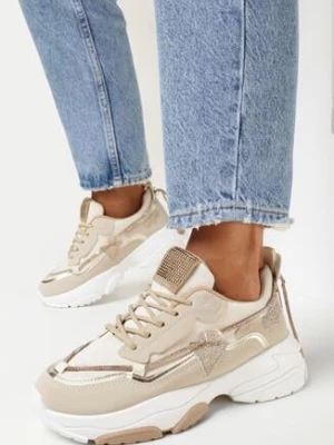 Beżowe Sneakersy na Grubej Podeszwie z Cyrkoniami Evoline