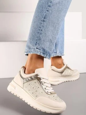 Beżowe Sneakersy na Grubej Podeszwie z Cyrkoniami i Sznurowaniem Aptive