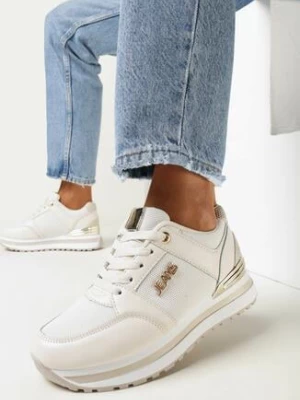 Beżowe Sneakersy na Grubej Podeszwie z Metaliczną Wstawką i Brokatem Lev