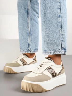 Beżowe Sneakersy na Grubej Podeszwie z Metalicznymi Wstawkami Fonelina