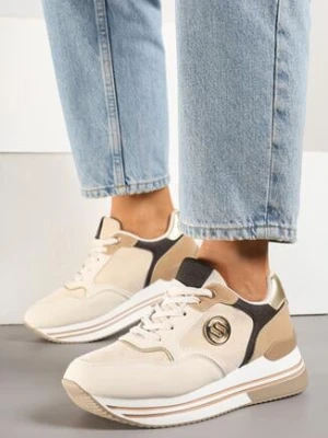Beżowe Sneakersy na Grubej Podeszwie z Ozdobną Naszywką Ronivelle