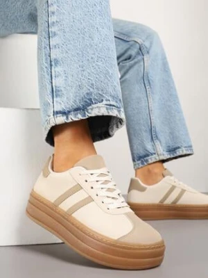 Beżowe Sneakersy na Grubej Podeszwie z Ozdobnym Wzorem Felimala