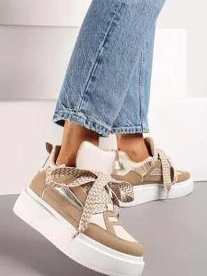 Beżowe Sneakersy na Grubej Podeszwie z Ozdobnymi Sznurówkami Edidda