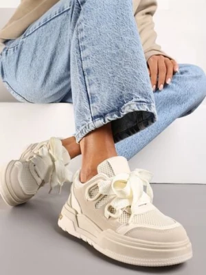 Beżowe Sneakersy na Grubej Podeszwie z Ozdobnymi Sznurówkami Zeldema