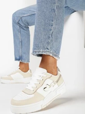 Beżowe Sneakersy na Grubej Podeszwie z Ozdobnymi Wstawkami i Sercem Wellesa