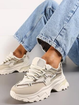 Beżowe Sneakersy na Grubej Podeszwie z Paskiem z Cyrkoniami Novallie