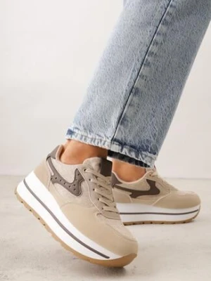 Beżowe Sneakersy na Grubej Podeszwie z Perforacją i Tweedowymi Wstawkami Idaphyphe be.sport