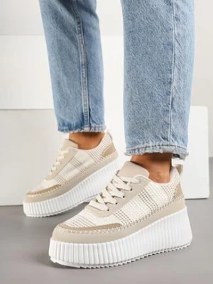 Beżowe Sneakersy na Grubej Podeszwie z Tłoczeniami Zdobione Przeszyciami Falinia