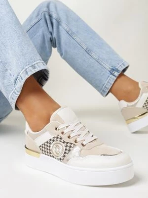 Beżowe Sneakersy na Grubej Podeszwie z Wstawką w Kratkę Raigan