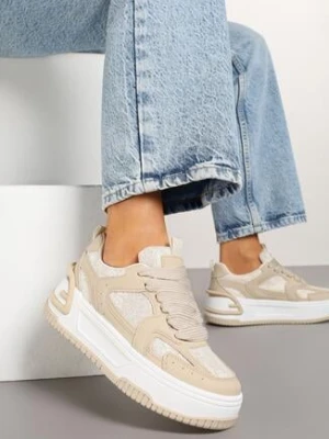 Beżowe Sneakersy na Grubej Podeszwie Zdobione Brokatem Deorianis