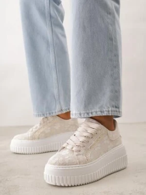 Beżowe Sneakersy na Grubej Podeszwie Zdobione Koronką i Brokatem Relfi