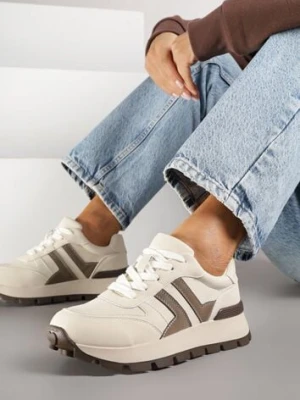 Beżowe Sneakersy na Grubej Podeszwie Zdobione Przeszyciami Lulline purlina