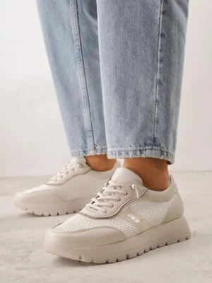 Beżowe Sneakersy na Grubej Podeszwie ze Skórzaną Wkładką i Napisem Airarge modern world