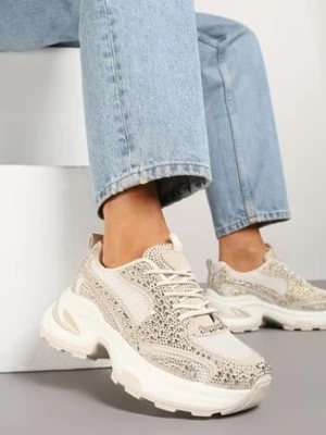 Beżowe Sneakersy na Grubej Tłoczonej Podeszwie z Cyrkoniami Kornelva