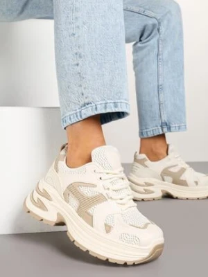 Beżowe Sneakersy na Grubej Tłoczonej Podeszwie z Geometrycznym Motywem Soloria