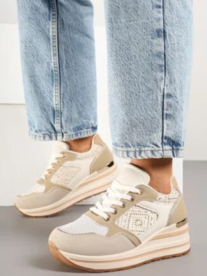 Beżowe Sneakersy na Koturnie Ozdobione Brokatem Tilliante