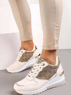 Beżowe Sneakersy na Koturnie z Metaliczną Wstawką Derine