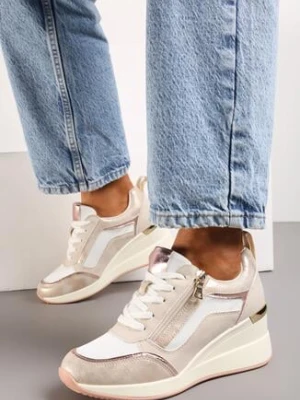 Beżowe Sneakersy na Koturnie z Ozdobnym Suwakiem i Metalicznymi Wstawkami Univia