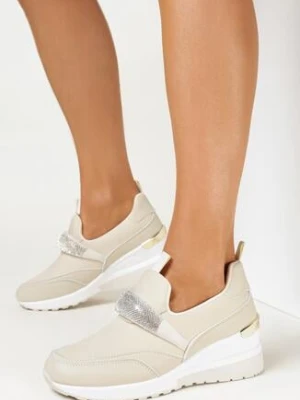 Beżowe Sneakersy na Koturnie z Paskiem z Cyrkonii Maesie