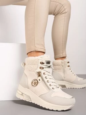 Beżowe Sneakersy na Koturnie za Kostkę z Metaliczną Ozdobą i Suwakiem Sinelara