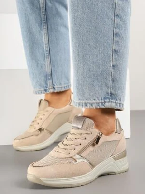 Beżowe Sneakersy na Koturnie ze Skórzaną Wkładką i Ozdobnym Suwakiem Arivnia