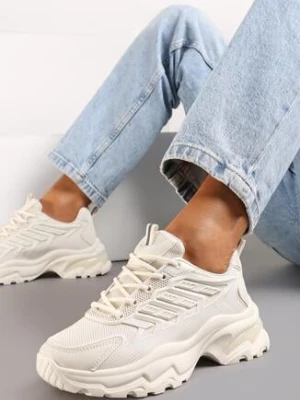 Beżowe Sneakersy na Masywnej Podeszwie z Przeszyciami Hatila