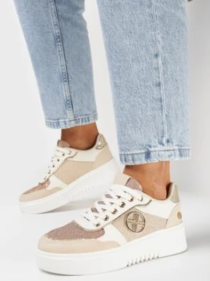 Beżowe Sneakersy na Niskiej Platformie z Brokatem i Metalicznymi Wstawkami Winfrea