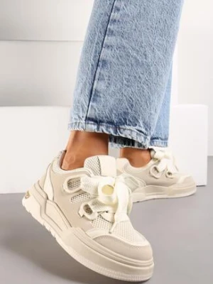 Beżowe Sneakersy na Niskiej Platformie z Szerokimi Sznurówkami Gritte