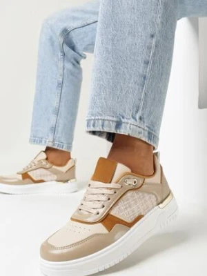 Beżowe Sneakersy na Niskiej Platformie z Tweedową Wstawką Niman