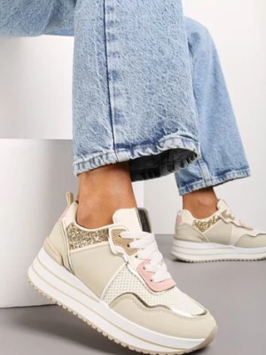 Beżowe Sneakersy na Niskiej Platformie ze Wstawkami z Brokatu Quinnes