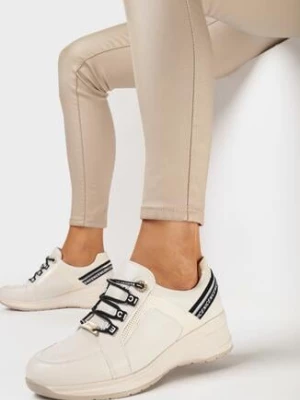 Beżowe Sneakersy na Niskim Koturnie z Ozdobnymi Napisami ze Skórzaną Wkładką Drilvia