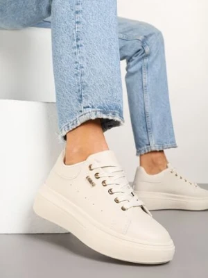 Beżowe Sneakersy na Niskim Koturnie Zdobione Metalicznymi Wstawkami Alirisa msmg